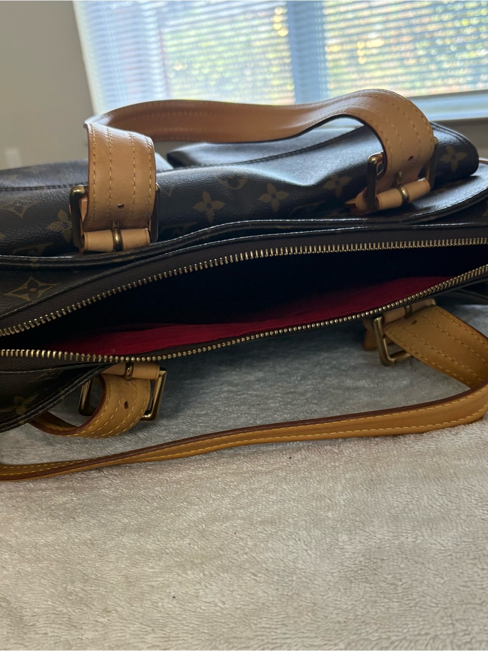 Louis Vuitton Monogram Laptop Bag with Tan Leather Handles and Red Interior